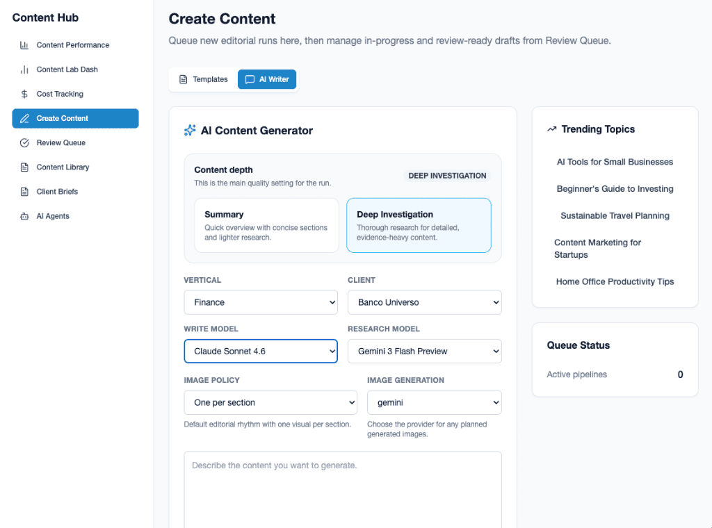 SprintAI Project: AI CONTENT CREATOR — Content Production Agent — A multi-agent ecosystem designed for high-velocity content creation. It generates long-form articles, social media assets, and AI-driven visuals, seamlessly integrating into existing marketing workflows to scale brand presence across several industries.
